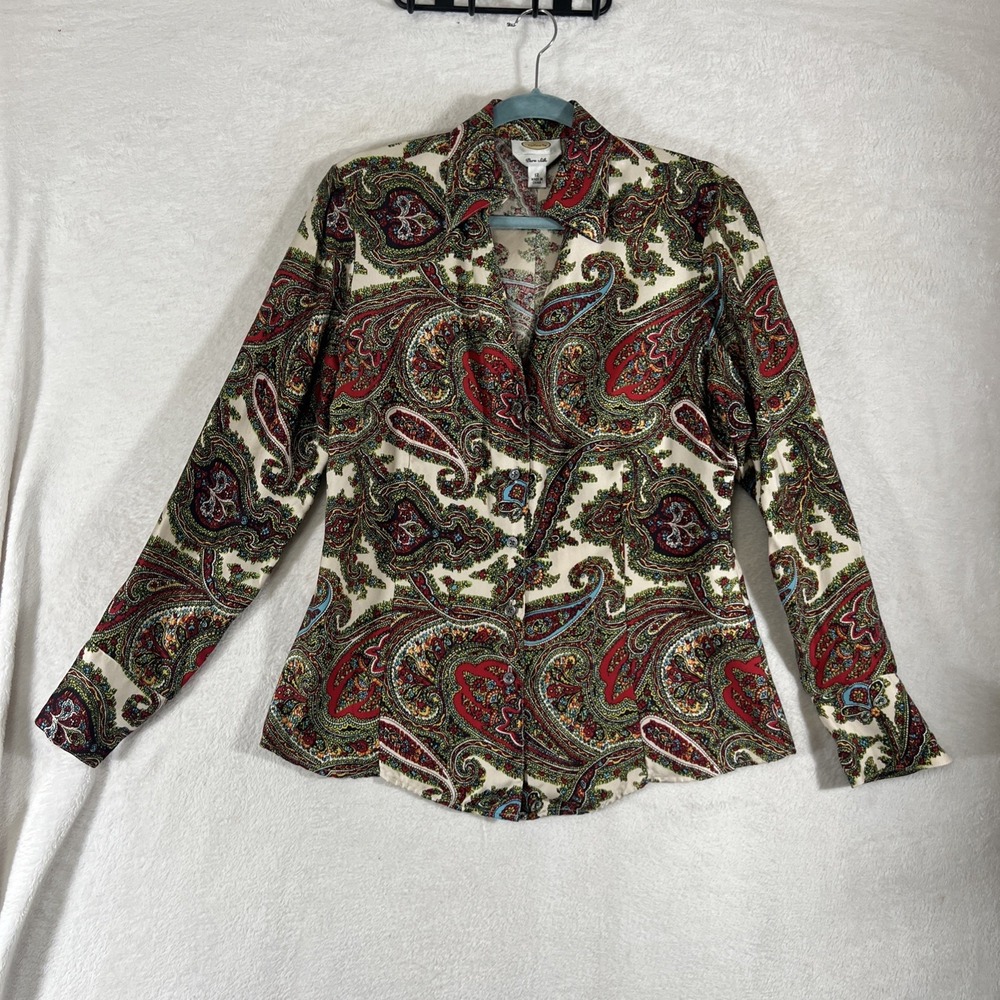 Vintage Talbots 100% Pure Silk Paisley Button Down Blouse Size 12 Multicolor